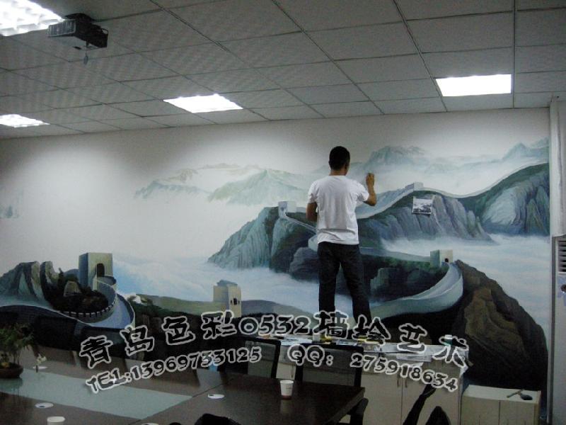 供应青岛会议室墙体彩绘供应商，青岛色彩0532墙绘公司制作