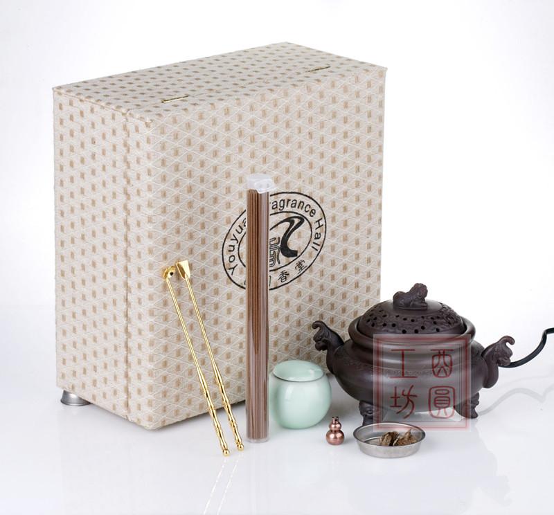 供应紫砂狻猊熏香炉高级礼盒套装，包括香粉罐，香道用具，香插