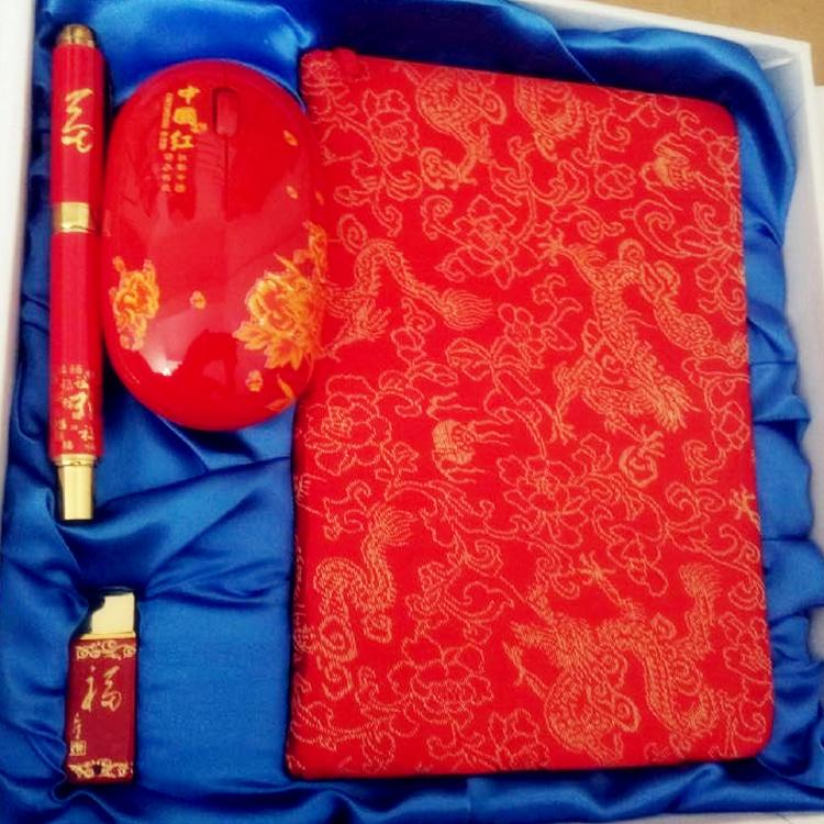 中国红瓷套装工厂 红瓷笔记本U盘笔鼠标四件套 喜庆节日礼品套装