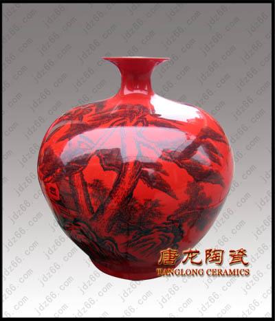 中国红梅花描金陶瓷天球瓶厂家订批批发