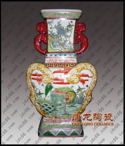 供应手绘古彩双耳方形扁瓶 五彩陶瓷工艺品 传统供应 陶瓷收藏品　