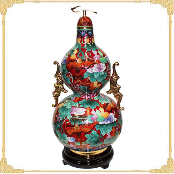 供应精品景泰蓝葫芦瓶五蝠捧寿錾铜18寸珐琅花瓶 北京收藏商务礼品