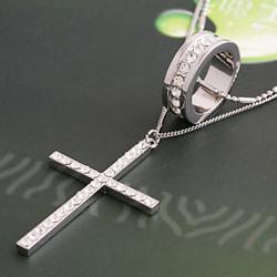 供应2012新款饰品，银色双层链条满钻戒指十字架银色毛衣链生产厂家图片