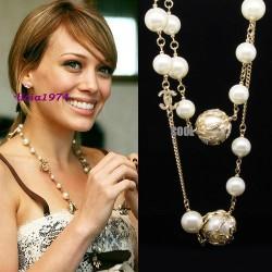 供应955-2-85时尚流行饰品金属镂空扭花球珍珠长款项链图片