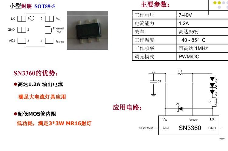 深圳一级代理SN3360 DC-DC 1.2A/40V 降压LED恒