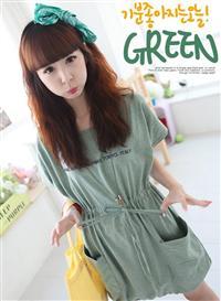 供应特1530绿色韩国时尚新款英文字母收腰休闲短袖连衣裙