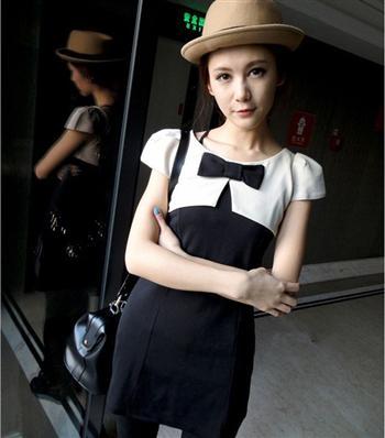供应10311欧美风时尚女装新款黑白拼色蝴蝶结假两件短袖洋装连衣裙