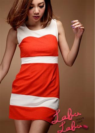 10305红色日韩女装简约款条纹配色包臀背心连衣裙