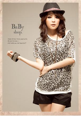供应特20553灰白俩色韩版女装时尚豹纹拼接宽松短袖T恤图片