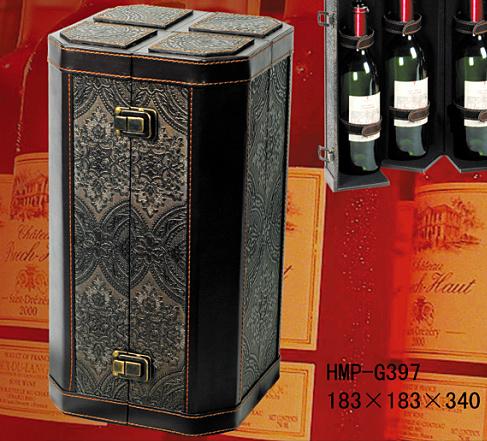 供应四支装红酒盒花纹皮料红酒盒